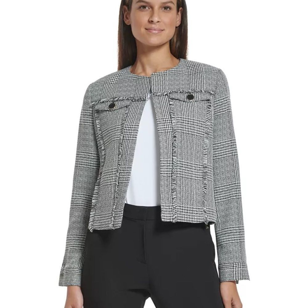 NWT Tommy Hilfiger Tweed Jacket Size 14 Black & White Fringe-Trim Collarless